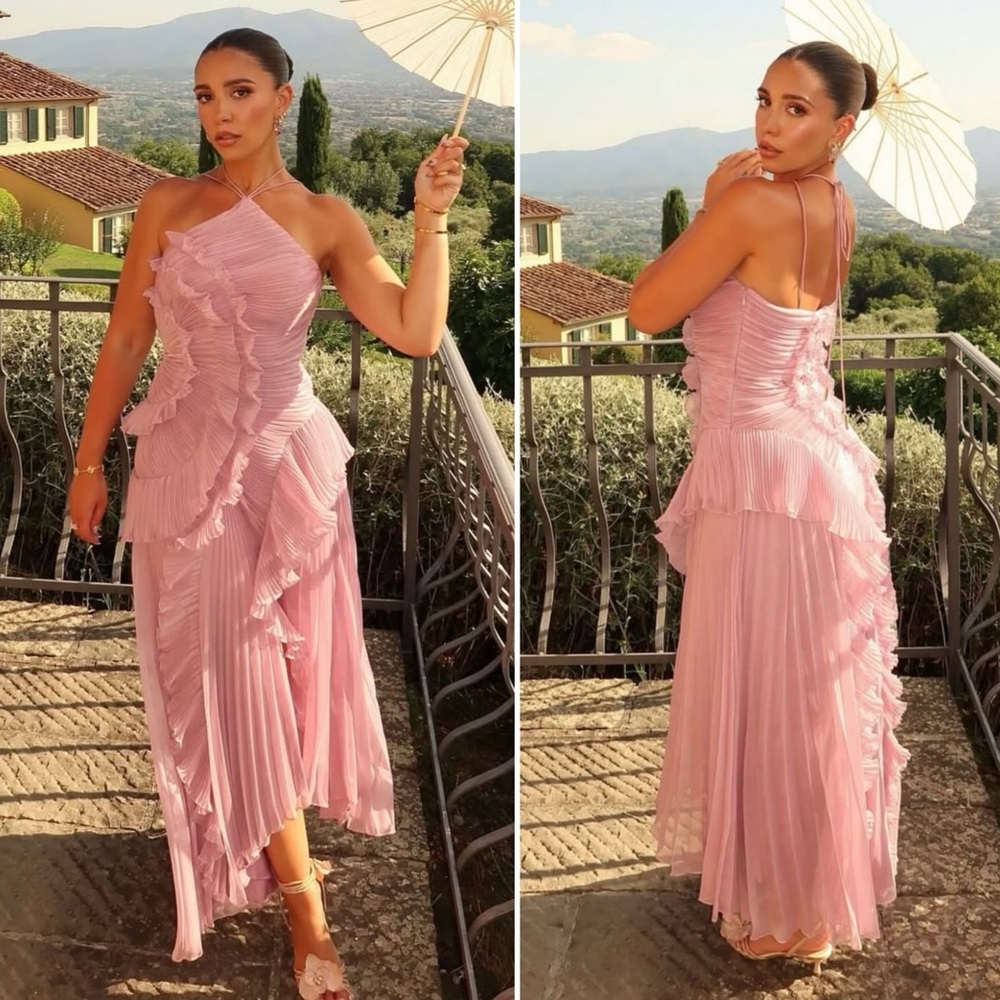 AMUR Lorelie Halter Pleated Rosette Side Gown in Water Hyacinth Viral size 8 US - Picture 6 of 14